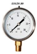Pressure Gauge 0-30PSI, Liquid Filled 2.5” Stainless Steel 1/4" Npt Lm