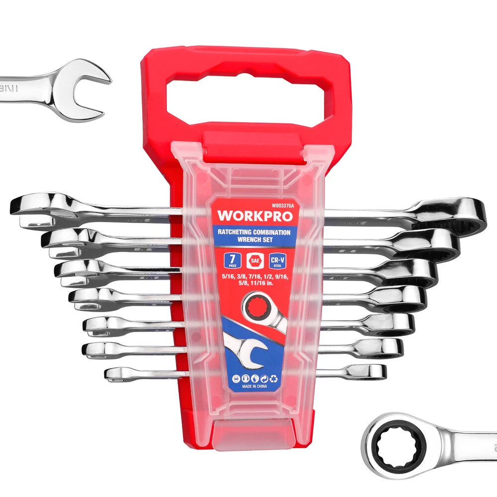 WORKPRO Ratcheting Combination Wrench Set 7PC SAE 5/16"-18/16'' W/Organizer Rack