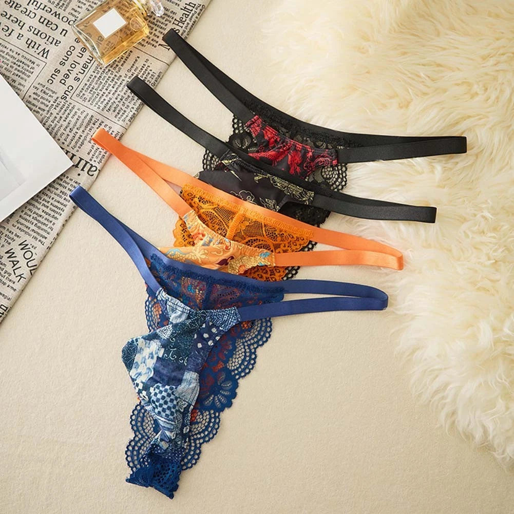 Men Lace Thong Mesh Sheer Underwear Printing Pattern Stretch Fabric