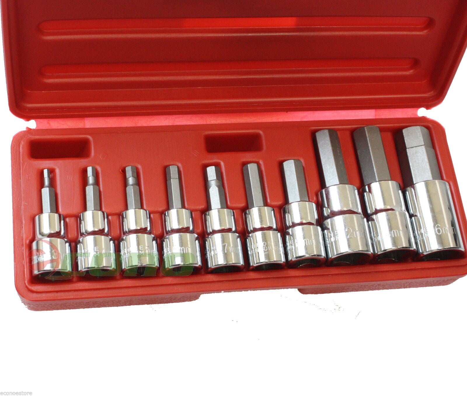 10Pc 3/8" & 1/2" Drive MM (Metric) Heat Treated Hex Bit Socket w/Blow Case