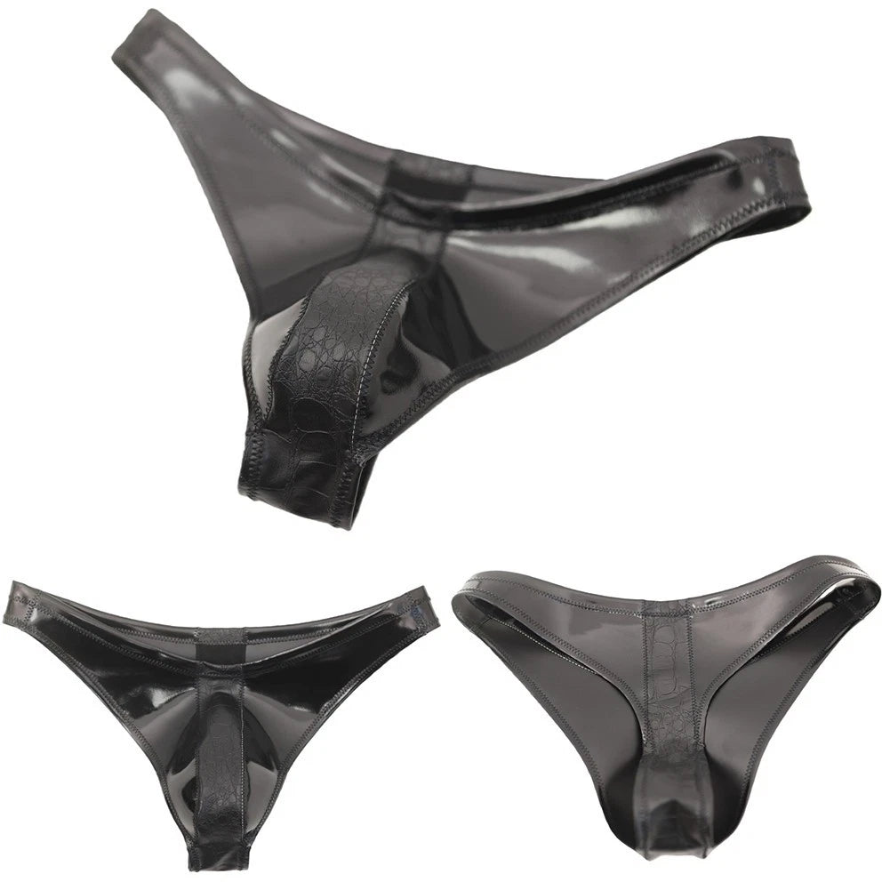 Mens Briefs Latex Shiny Splicing Faux Leather Underwear Tight Low
