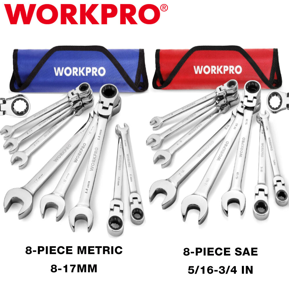 WORKPRO 8PCS 5/16-3/4"/8-17mm Flex-Head Ratcheting Combination Wrench