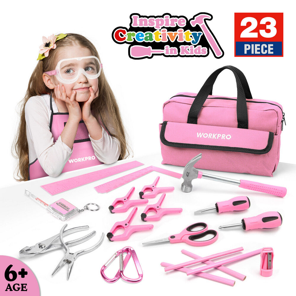 WORKPRO 23 Piece Pink Kid Tool Kits Pink Home DIY Woodworking Hand Tool With Bag
