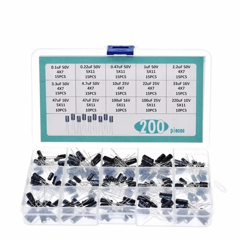200PCS Electrolytic Capacitor Assortment Kit 0.1uf - 220uf 10V - 50V