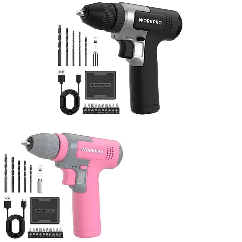 WORKPRO 8V Electric Cordless Drill Set Pink/Black 3/8'' Keyless Chuck w/15PC Bit
