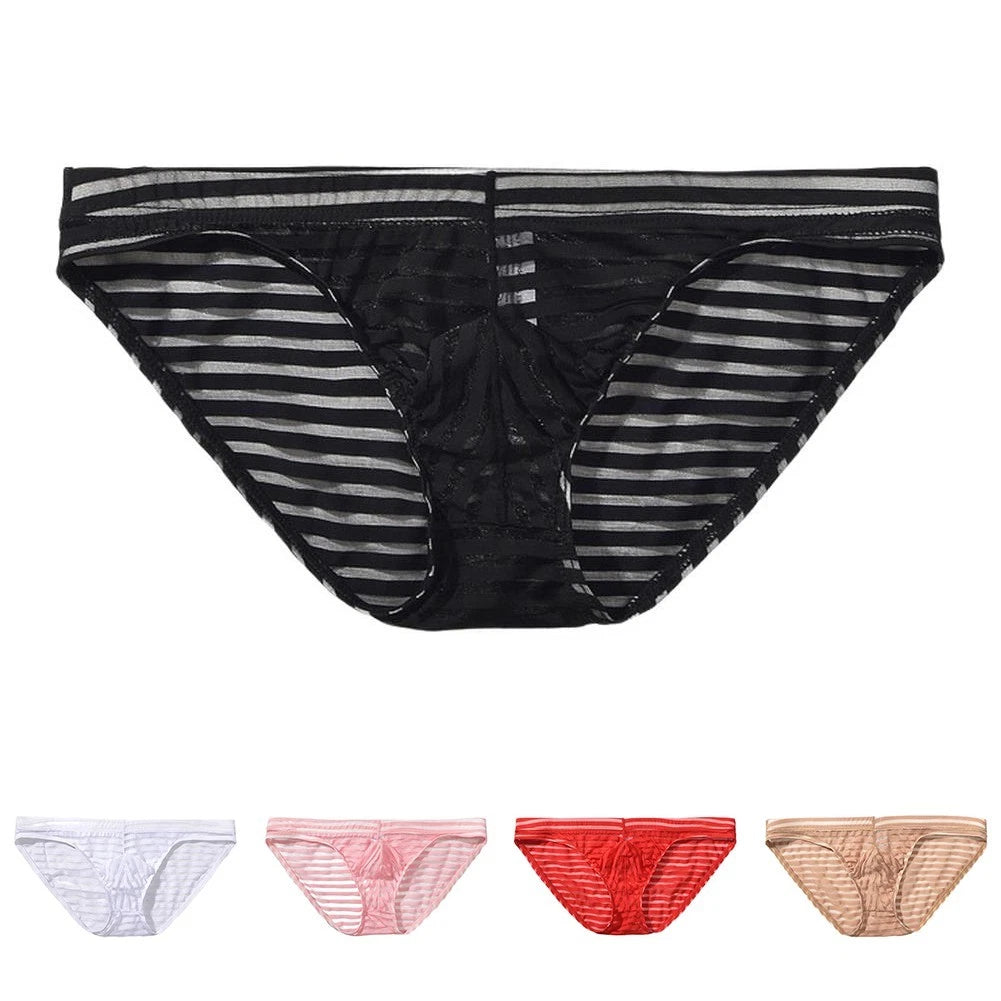 Men Ice Silk Breathable Mesh Underwear Pouch Stripes Underpants Soft