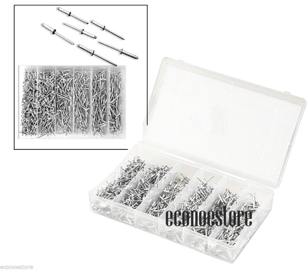 1000pc 1/8 Blind Pop Rivet Assortment for Hand & Air Riveter w/ Storage Case