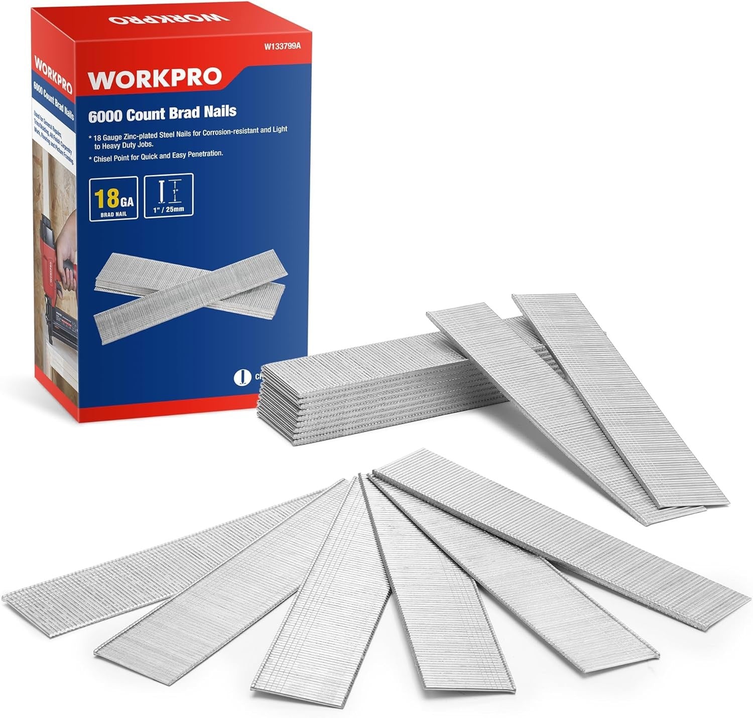 WORKPRO 1'' 18 Gauge Brad Nails 6000 Count Finishing Nails for Light Woodworking