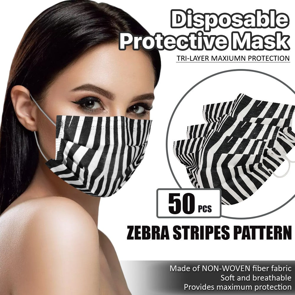 [zebra Look] 50 Pcs Disposable Face Masks 3-Ply Non Medical Surgical