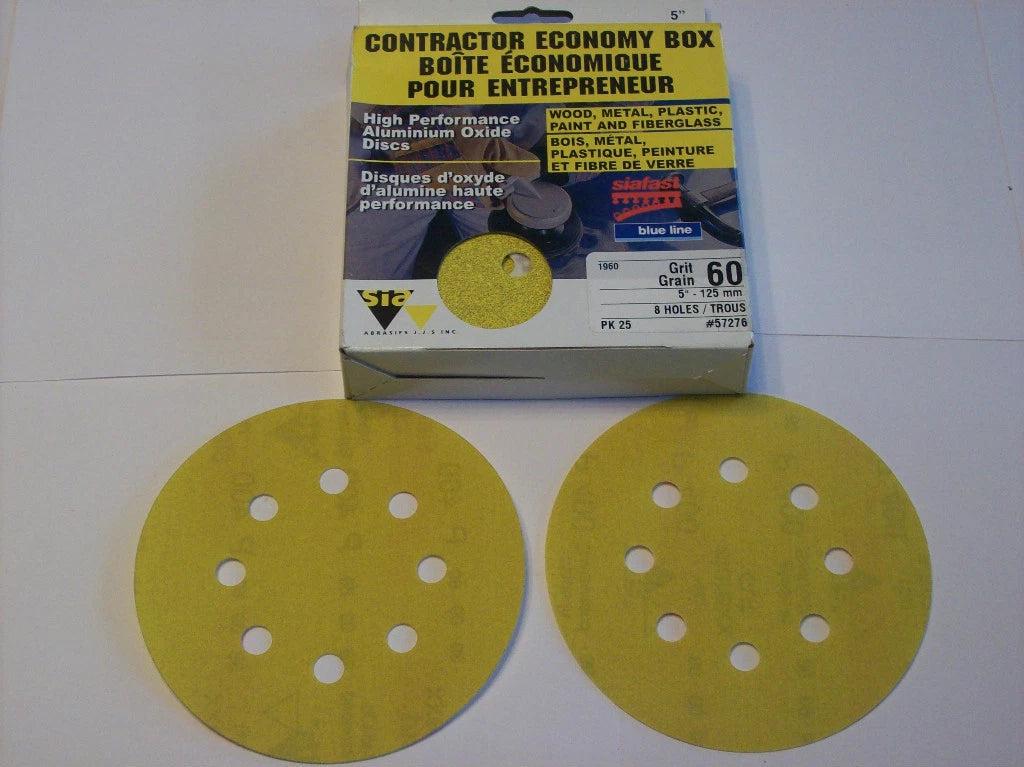 25 Siafast 5" Hook & Loop Sanding Discs 8 Hole 60 Grit