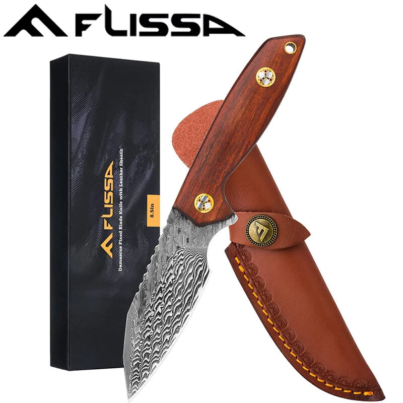Flissa Damascus Hunting Knife 8-1/2" Fixed Blade Knife Full-tang