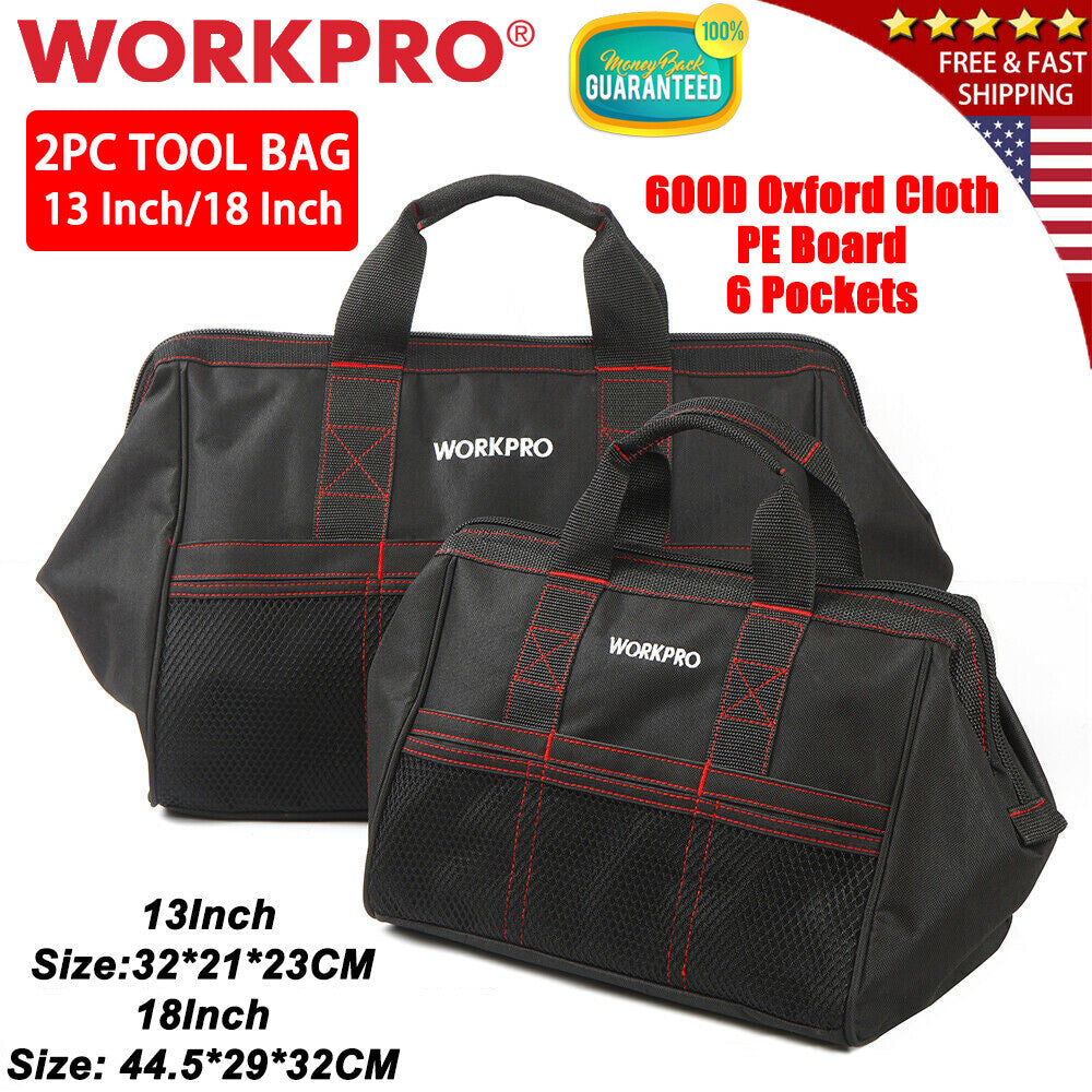 WORKPRO 2PCS Tool Bag Case Wide Mouth 600D Oxford Heavy Duty