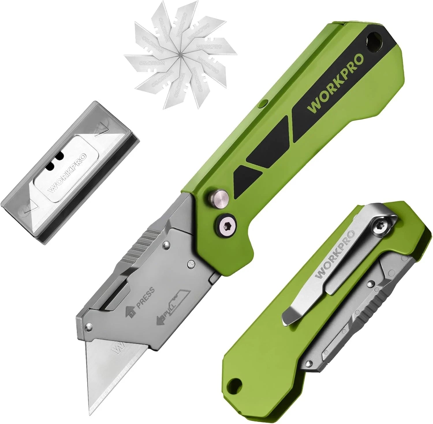 WORKPRO Pocket Folding Utility Knife Quick Change Axis Lock Box Cutter 10 Blades