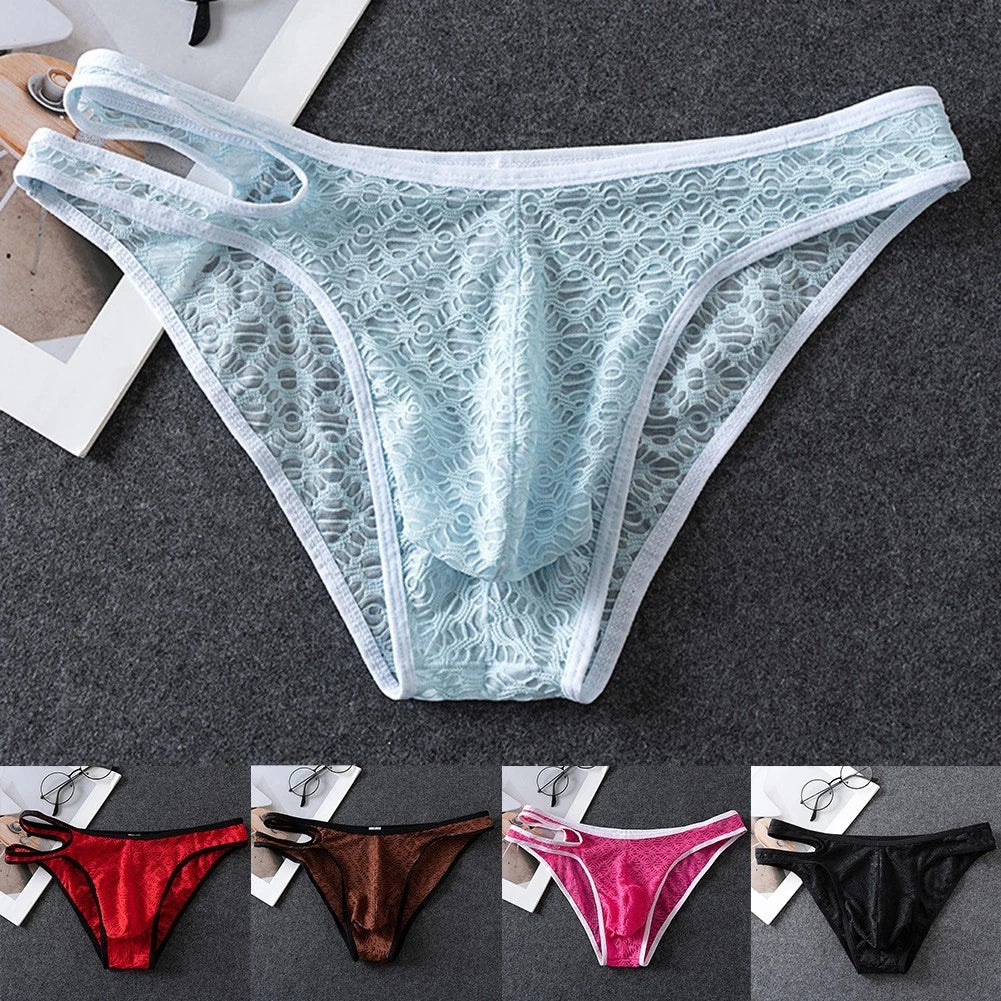 Mens Low Rise Underwear Lace Briefs Transparent Soft Fabric Sissy