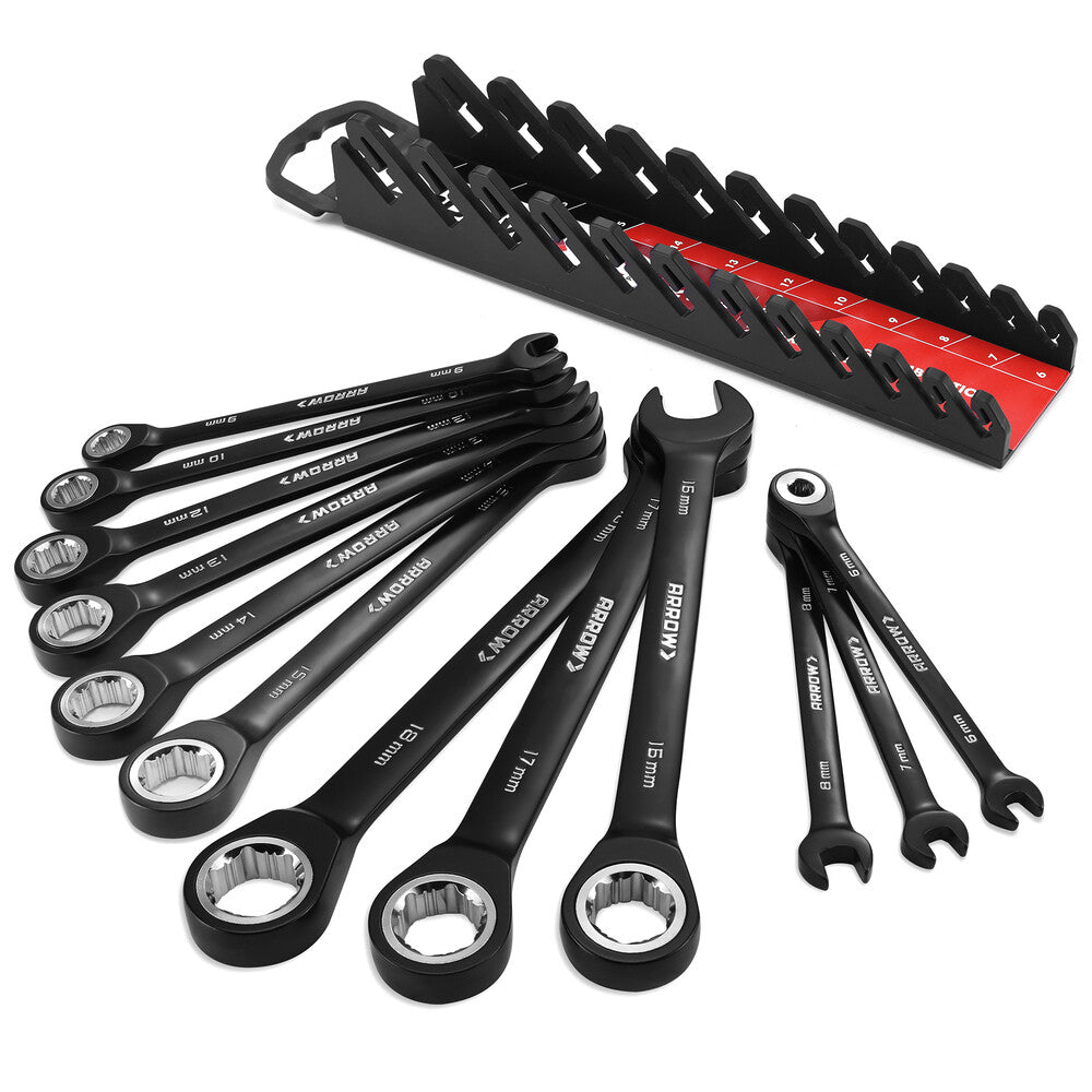 ARROW 12PC Ratcheting Combination Wrench Set 6-18mm Metric Anti-Slip