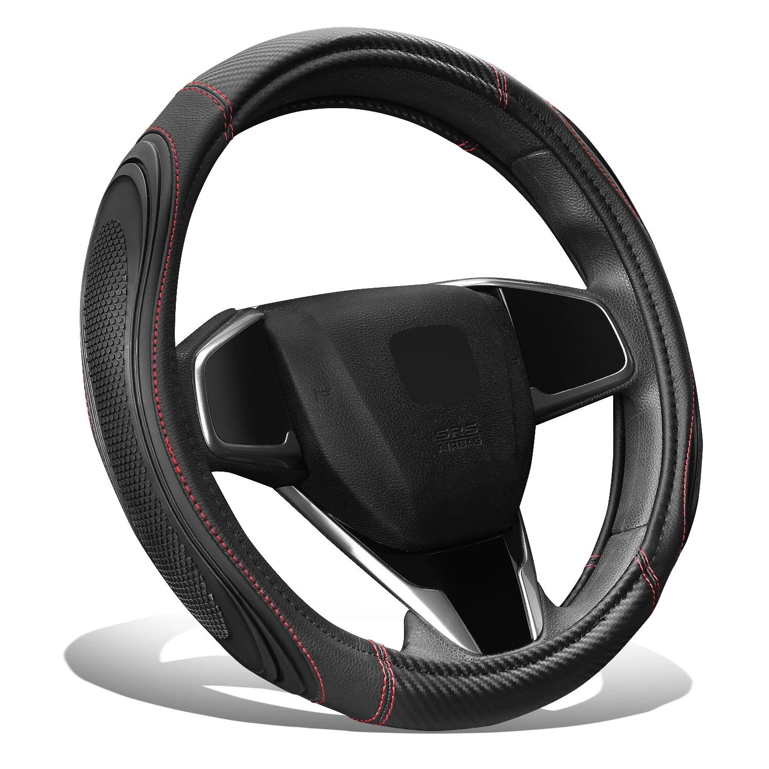 Carbon Fiber Pattern Insert W/ Red Stitching Steering Wheel Cover Red