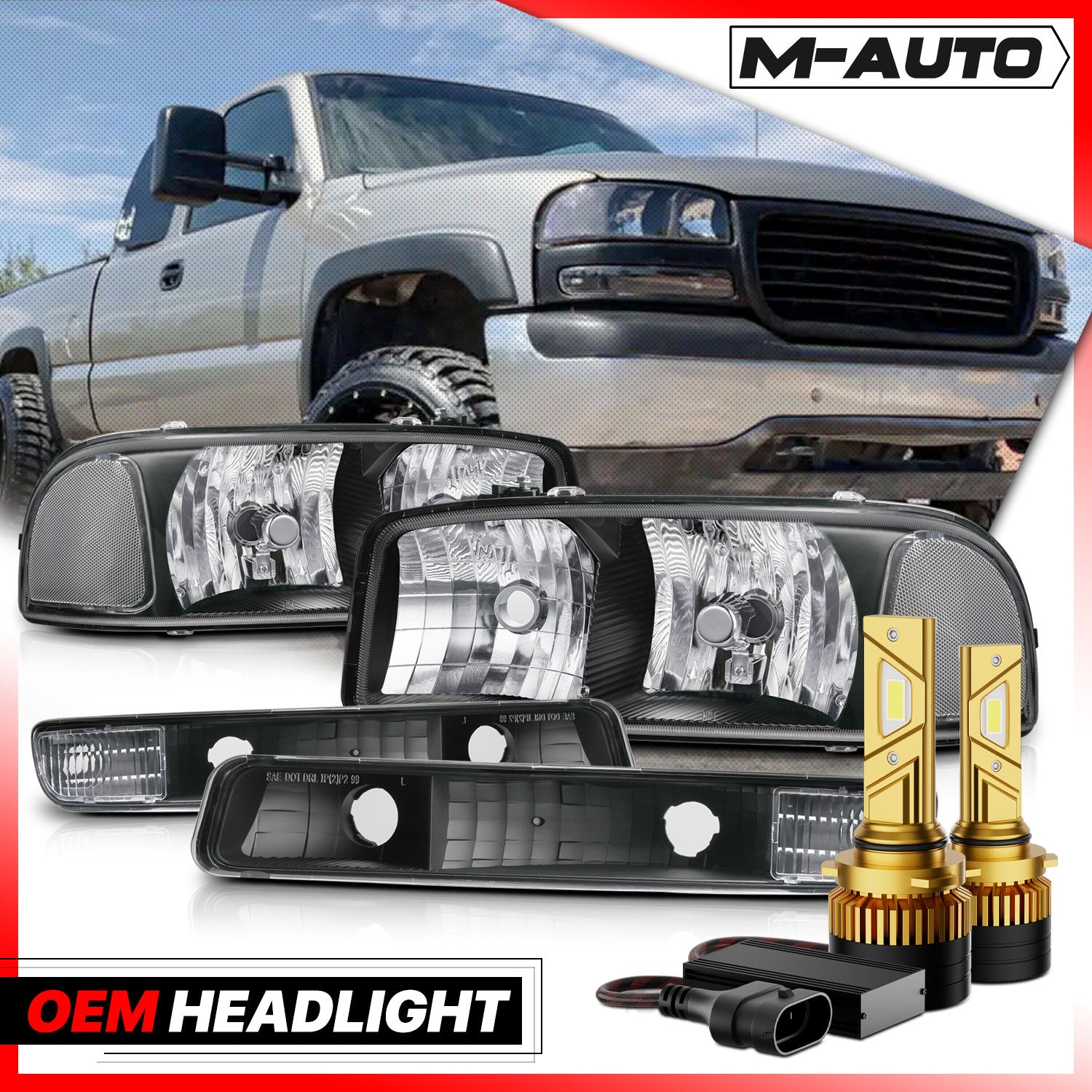 Black Headlight +6500K LED Bulbs for 99-06 GMC