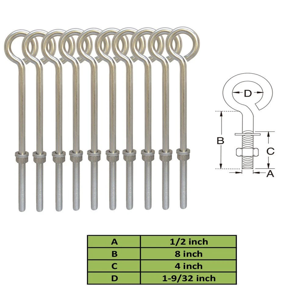 Set 316 Stainless Steel 1/2 X 8" Turned Eye Bolt Forge Style 250 Lbs