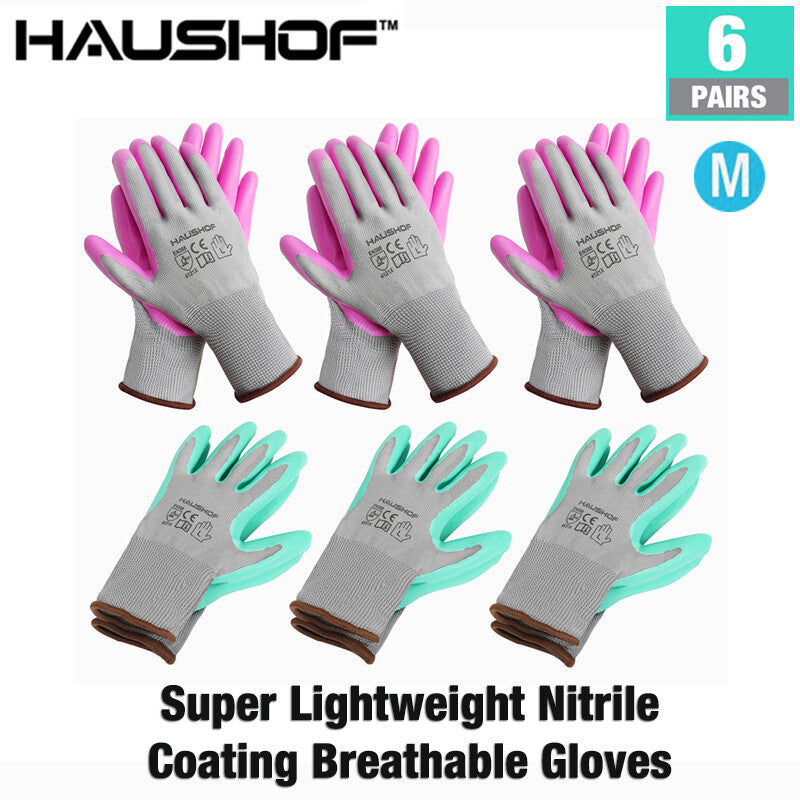 HAUSHOF 6 Pairs Garden Gloves Nitrile Coated Working Gloves Pink &