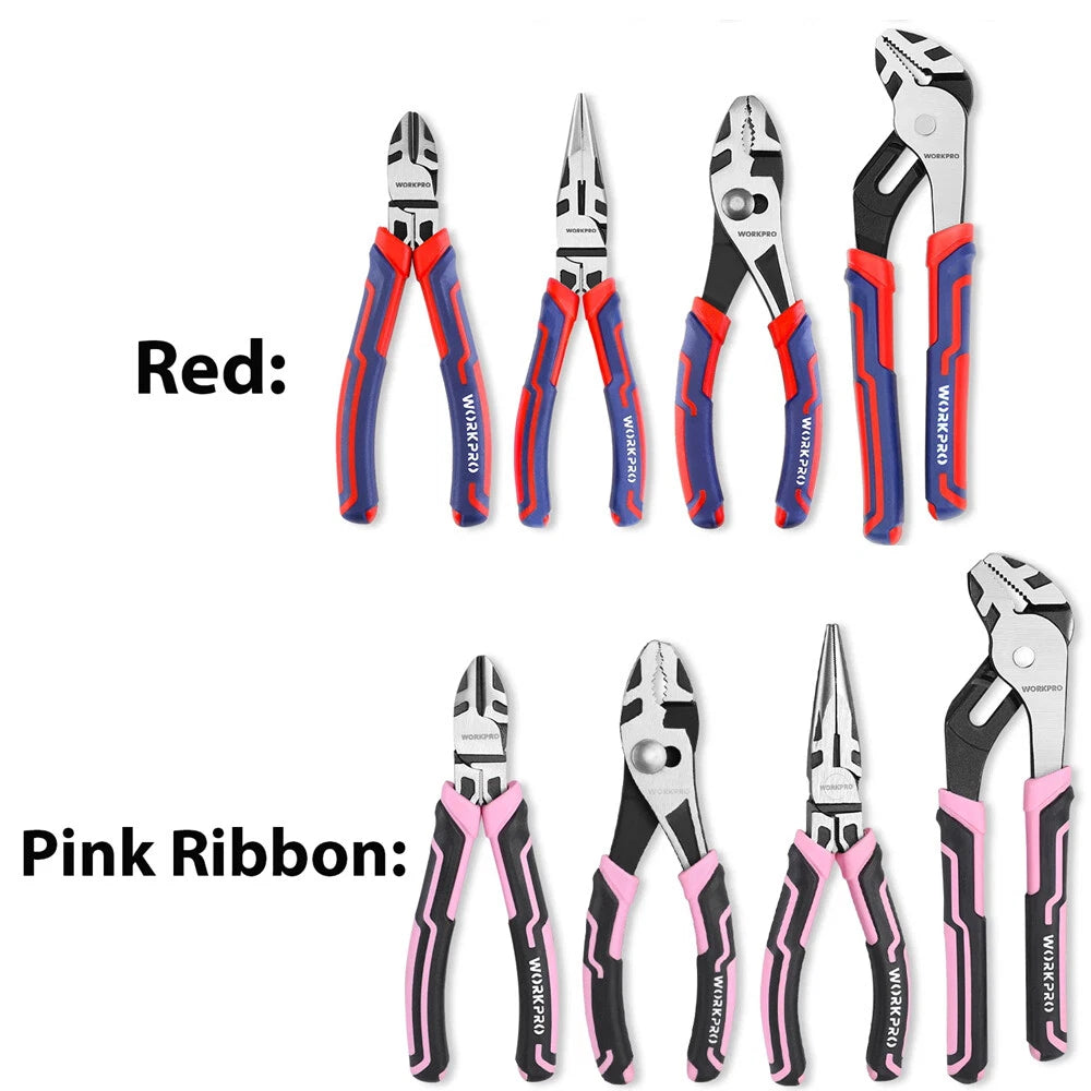 WORKPRO 4-Pieces Pink Ribbon/Red Pliers Set Premium CR-V Construction Plier Tool