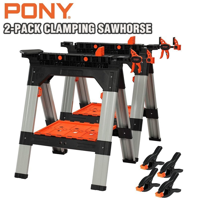 PONY 2-Pack Clamping Sawhorse Bar Clamp Set 30-3/4" Folding Saw Horses
