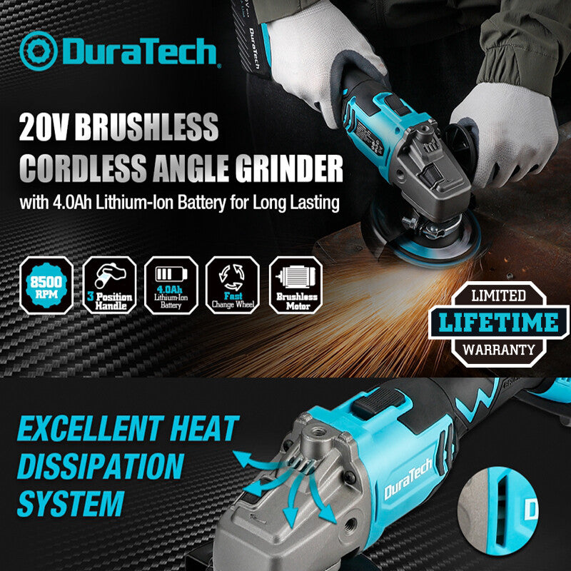 DURATECH 20V 4-1/2" Brushless Cordless Angle Grinder Kit 8500RPM Disc