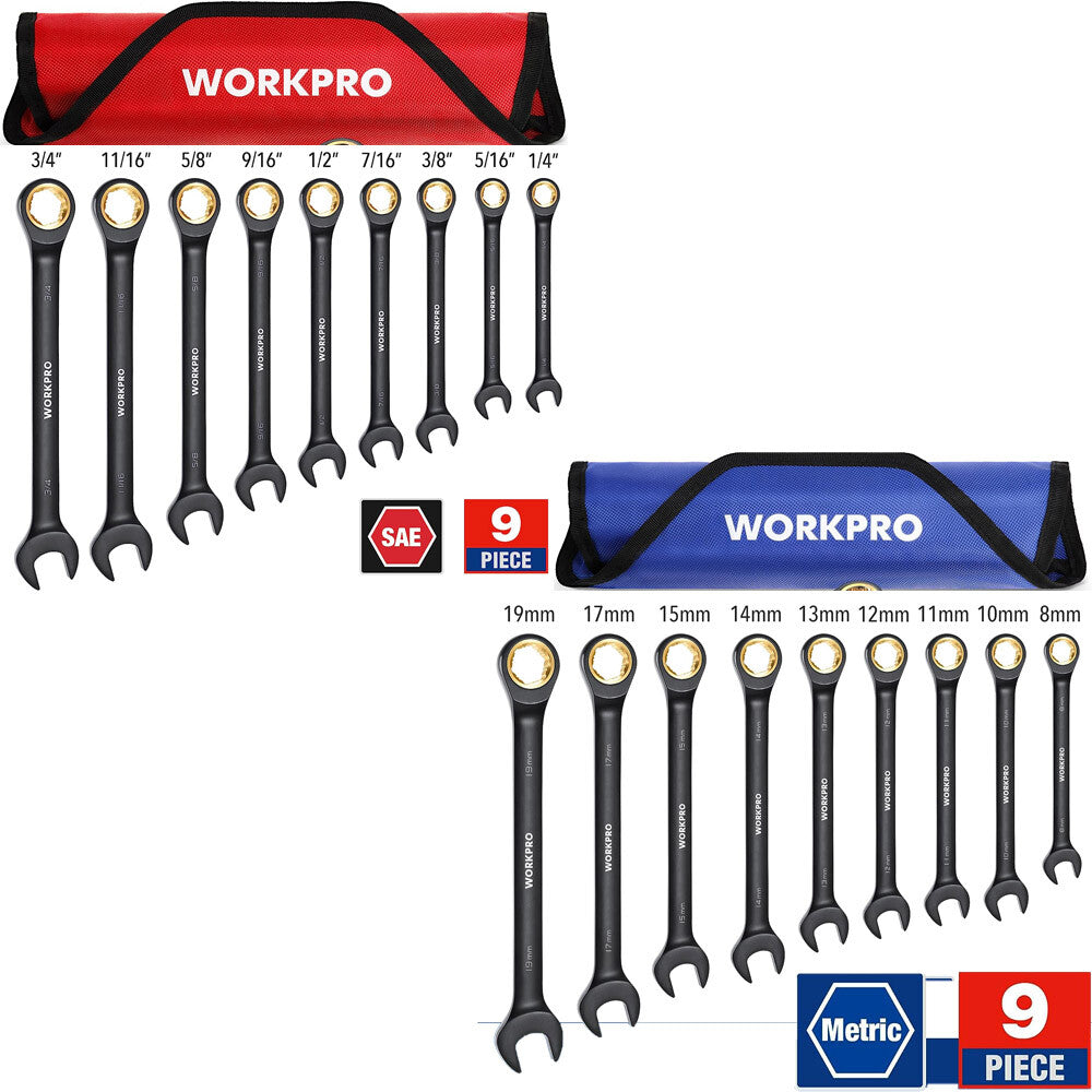 WORKPRO 9PC Anti-Slip Ratcheting Combination Wrench Set SAE/Metric Roll Up Pouch
