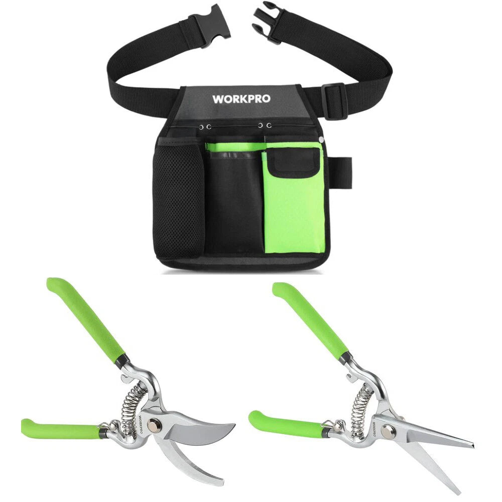 WORKPRO Pruning Shears Set w/5-Pocket Waist Tool Belt 8" Bypass &amp; Straight Blade