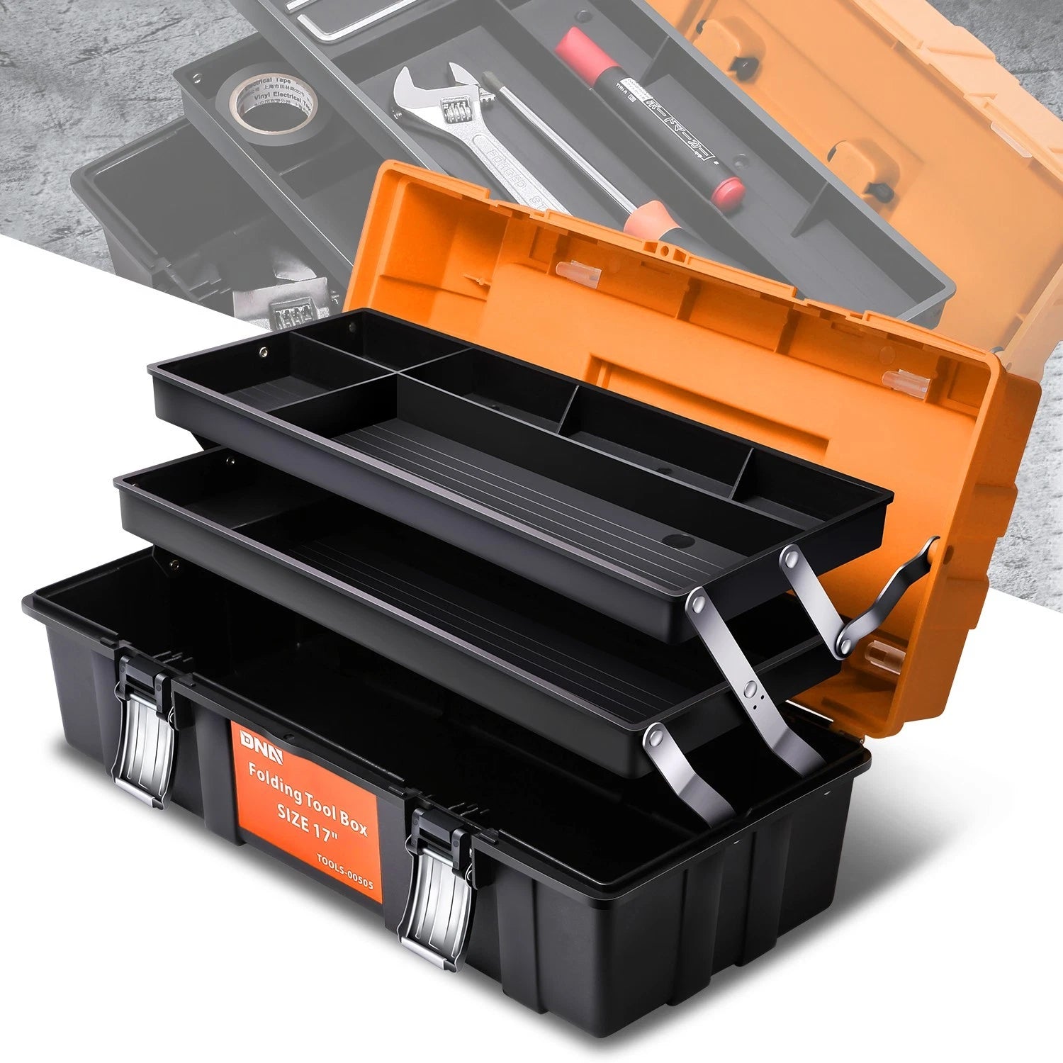 17" 3-tier Tray Multi-function Foldable Tool Box Workshop Garage