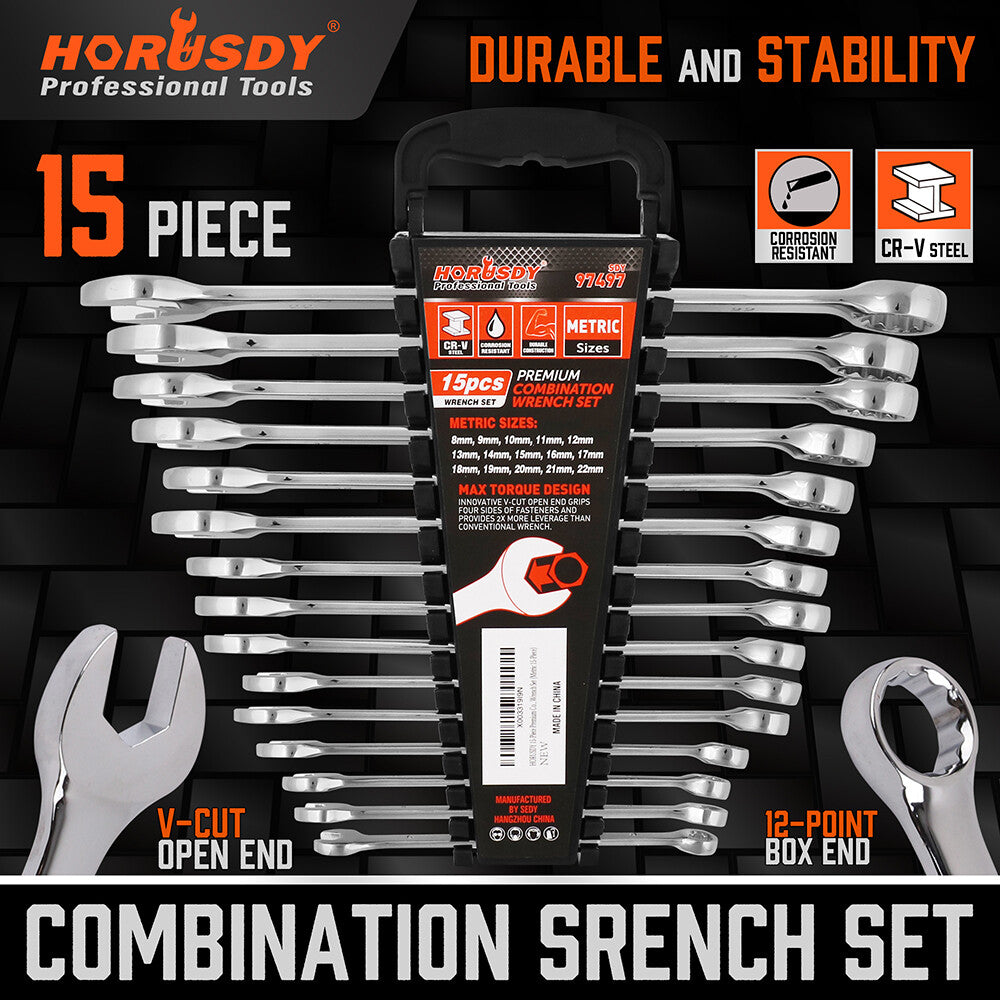 15PC Combination Spanner Wrench Ring Open Ended 8-22mm Metric 12 Point