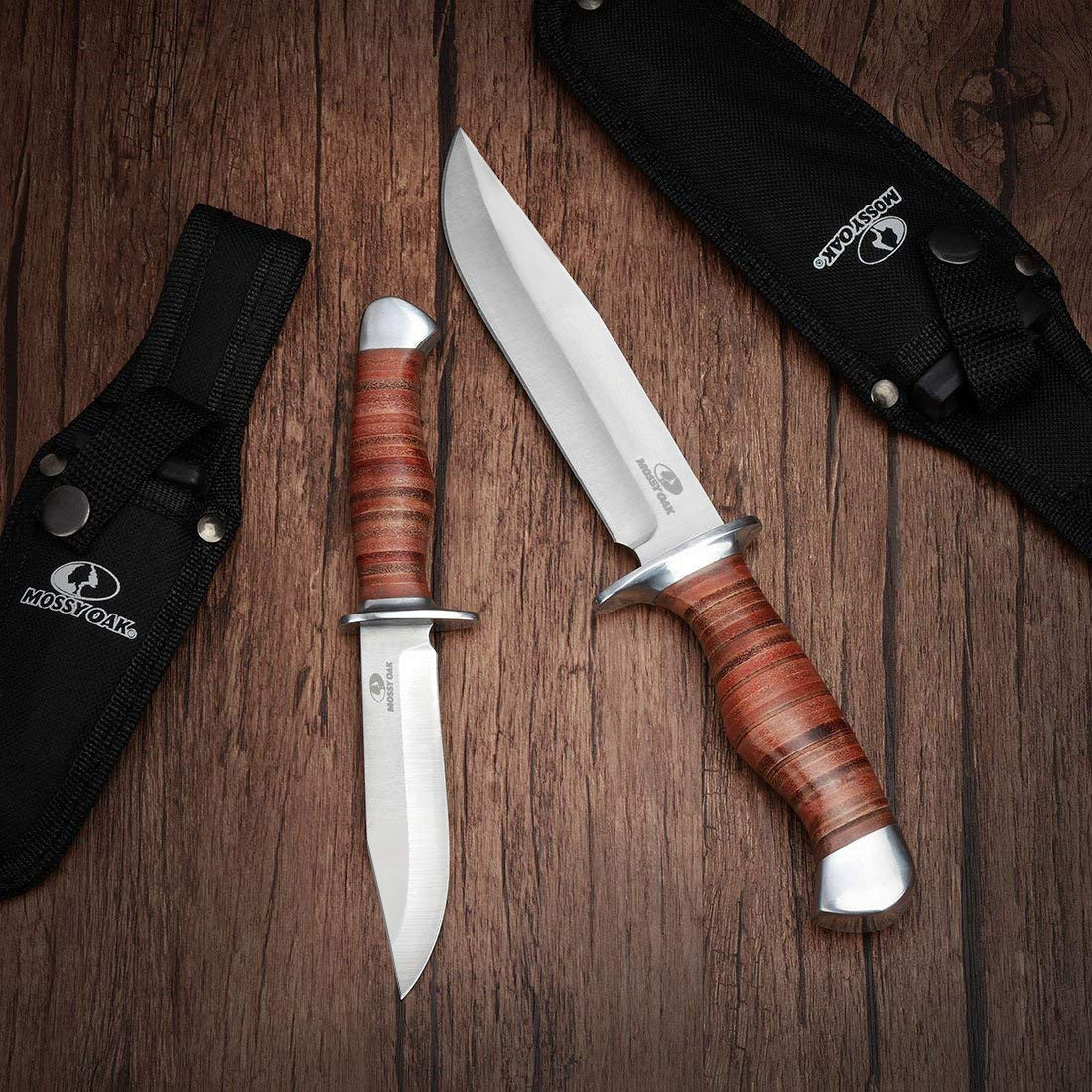 MOSSY OAK 2PCS Fixed Blade Bowie Knife Hunting Knife with Leather