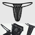 Men Lace Jacquard Sheer Thong G String Underwear Big Pouch Black
