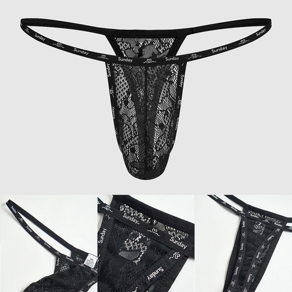 Men Lace Jacquard Sheer Thong G String Underwear Big Pouch Black