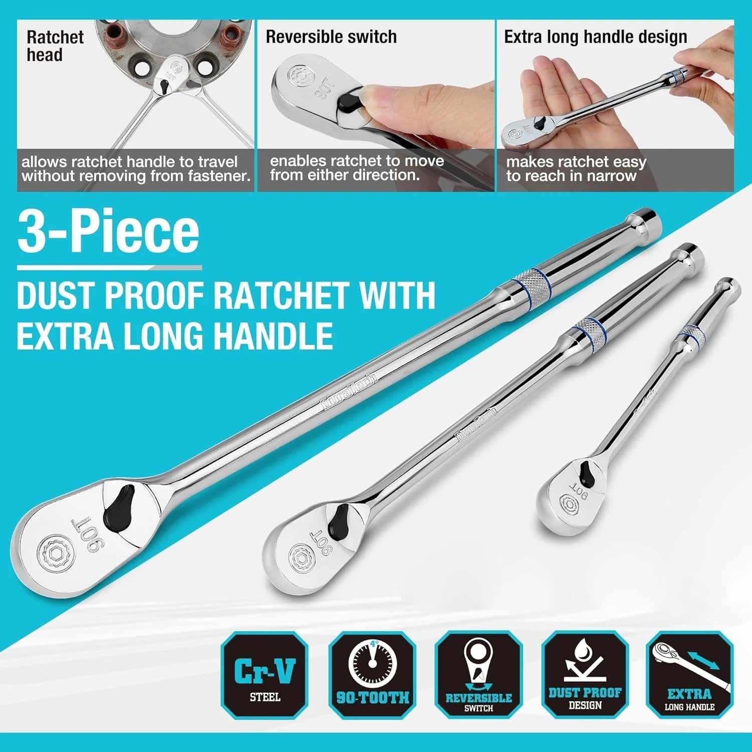 Extra Long Drive Ratchet Handle Set 1/4" 3/8" 1/2" Ratchet Wrench