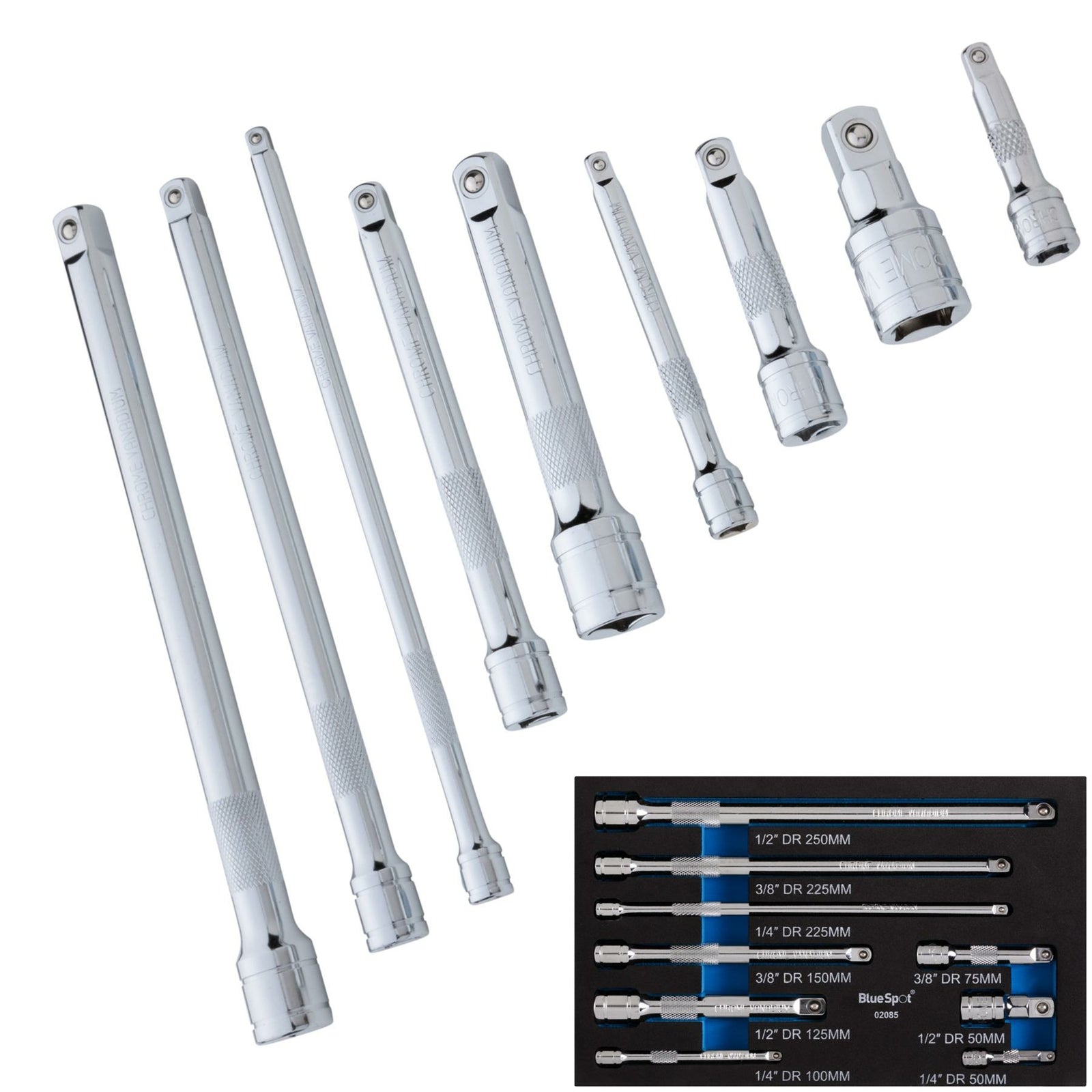 Bluespot 9pc Long Reach Mixed Drive Socket Extension Bar Set 1/4" 3/8" 1/2"