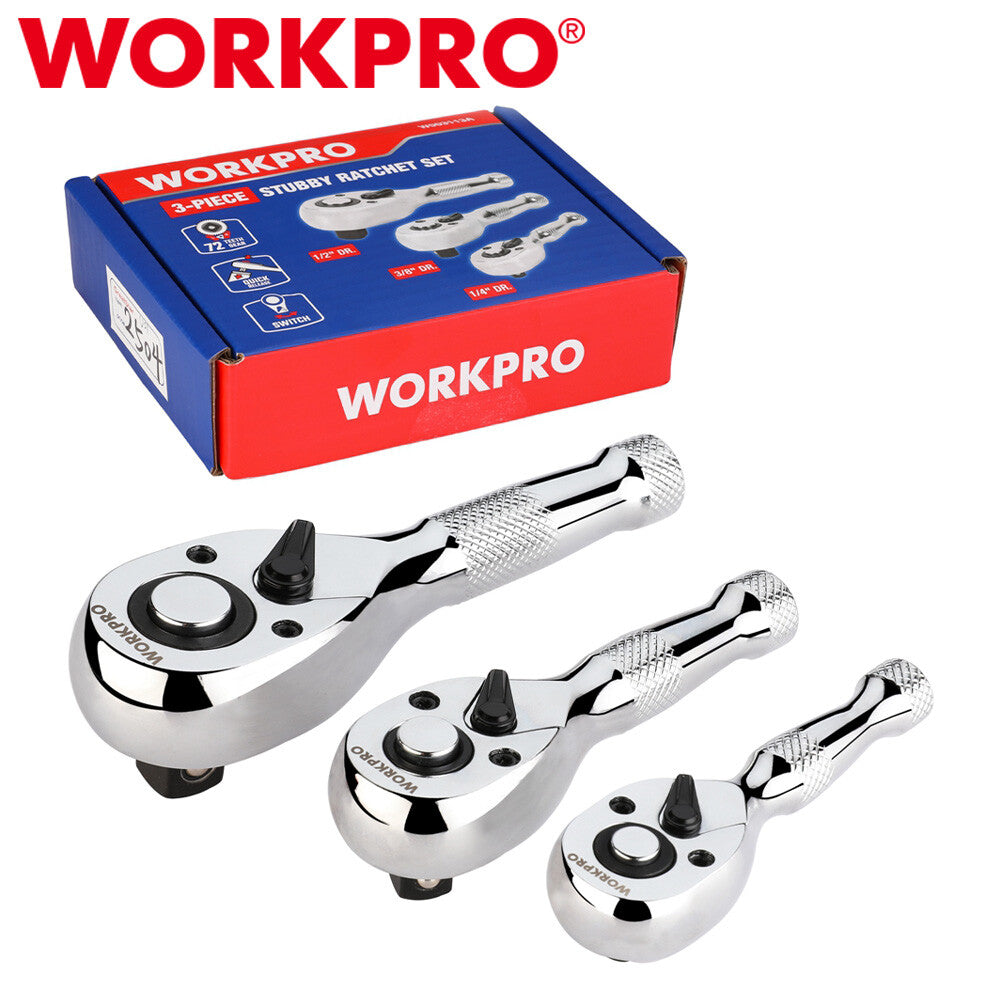 WORKPRO 3PC Stubby Ratchet Set Quick Release 1/4" 3/8" 1/2" Drive