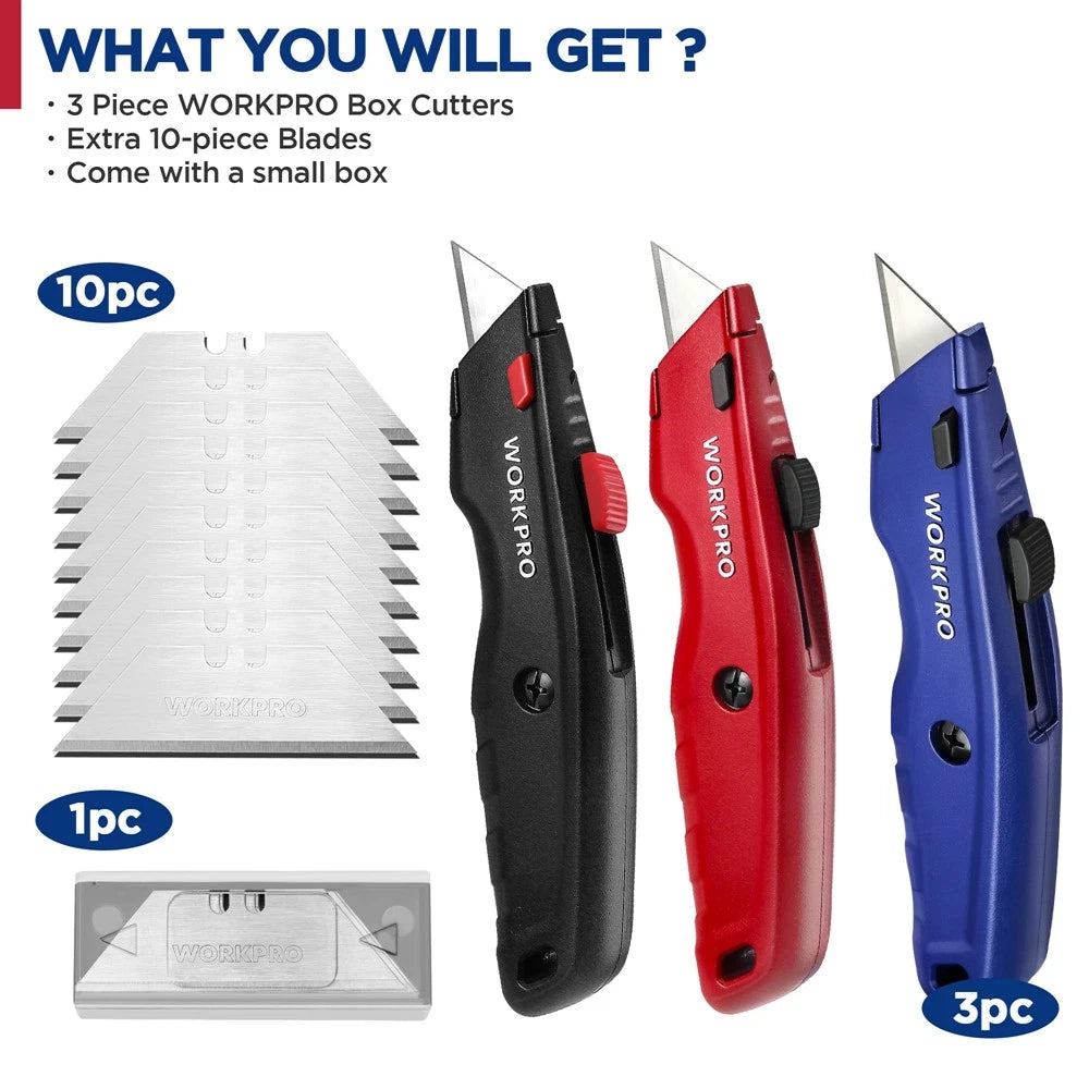 Workpro 3 Pack All Metal Utility Knife Premium Retractable Heavy Duty