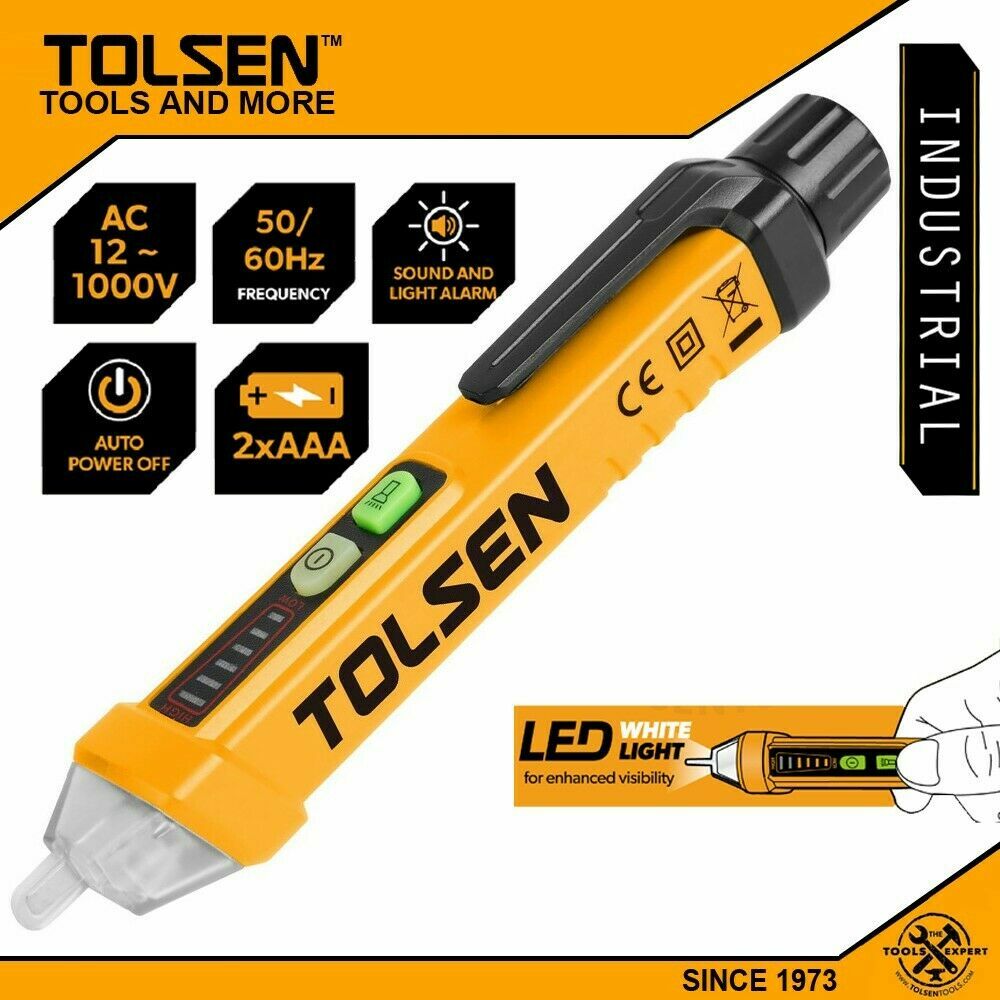 TOLSEN NON-CONTACT VOLTAGE DETECTOR WIRE TESTER PEN AC 12-1000V 115V 220V LEDOpe