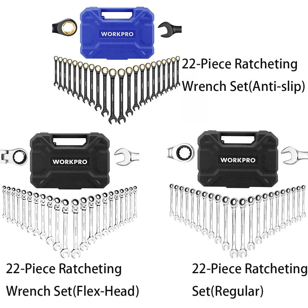 WORKPRO 22-Pieces Ratcheting Combination Wrench Set SAE 1/4-3/4" &amp; Metric 6-18mm