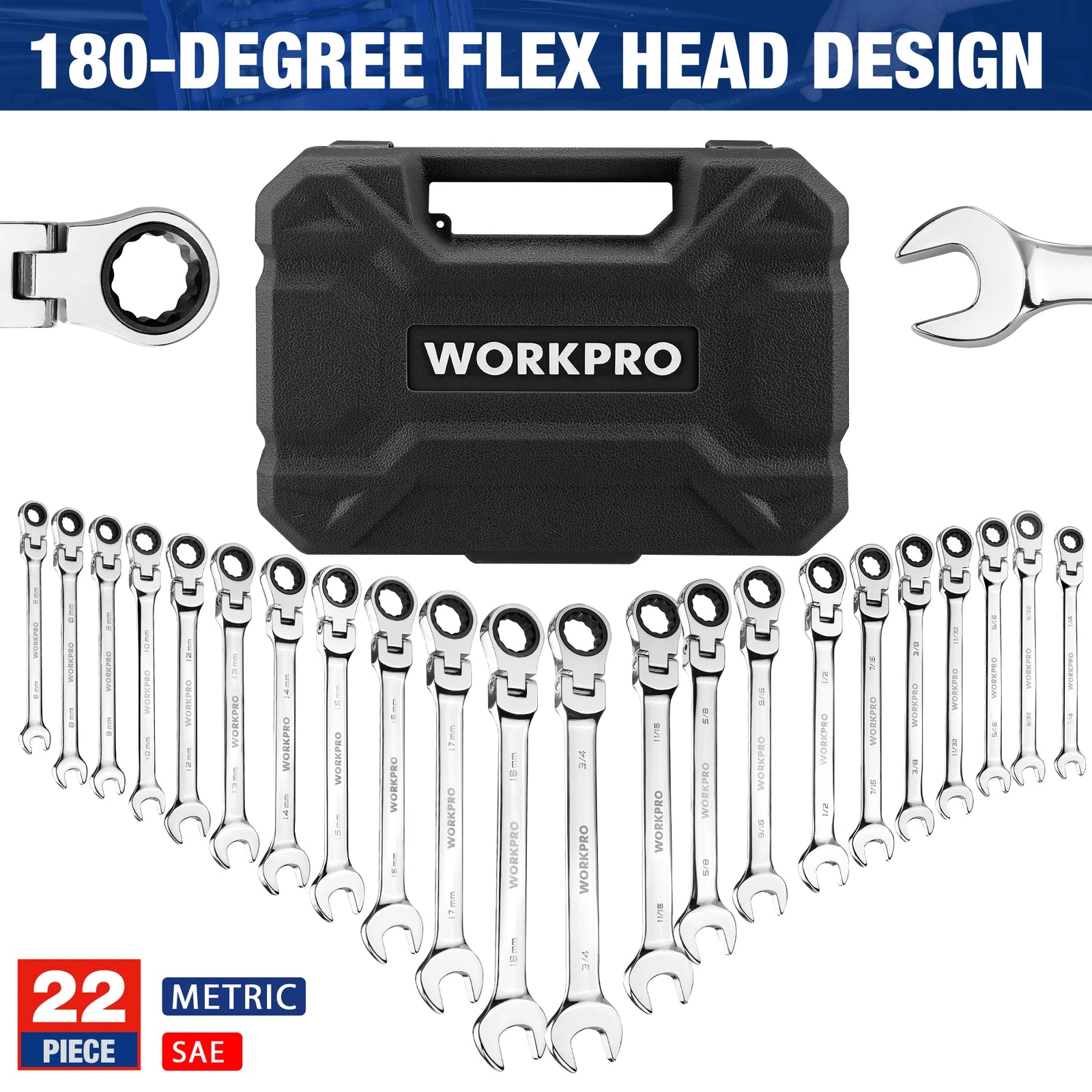 Workpro 22-piece Ratcheting Combination Wrench 72 Teeth 6-18mm & Sae