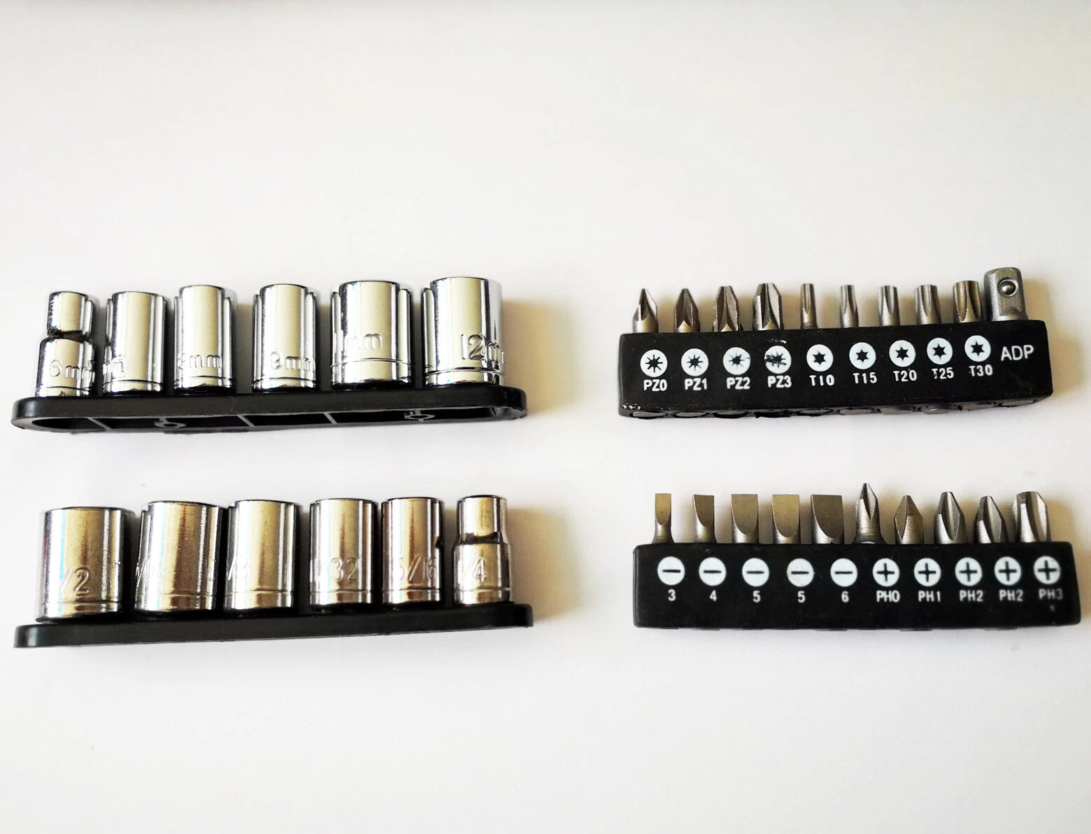1/4" Dr. Metric & Imperial Socket & Torx Ph Pz Slot Bits + Adapter Set