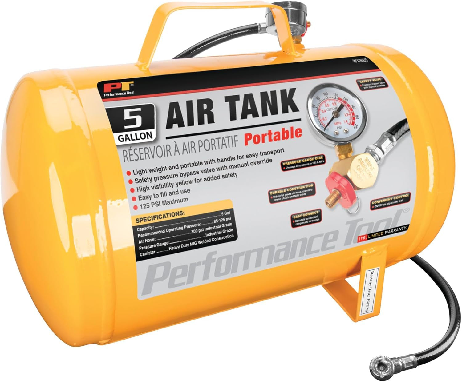 W10005 Hi-Viz 5-Gallon Horizontal Portable Air Tank with Tire Air