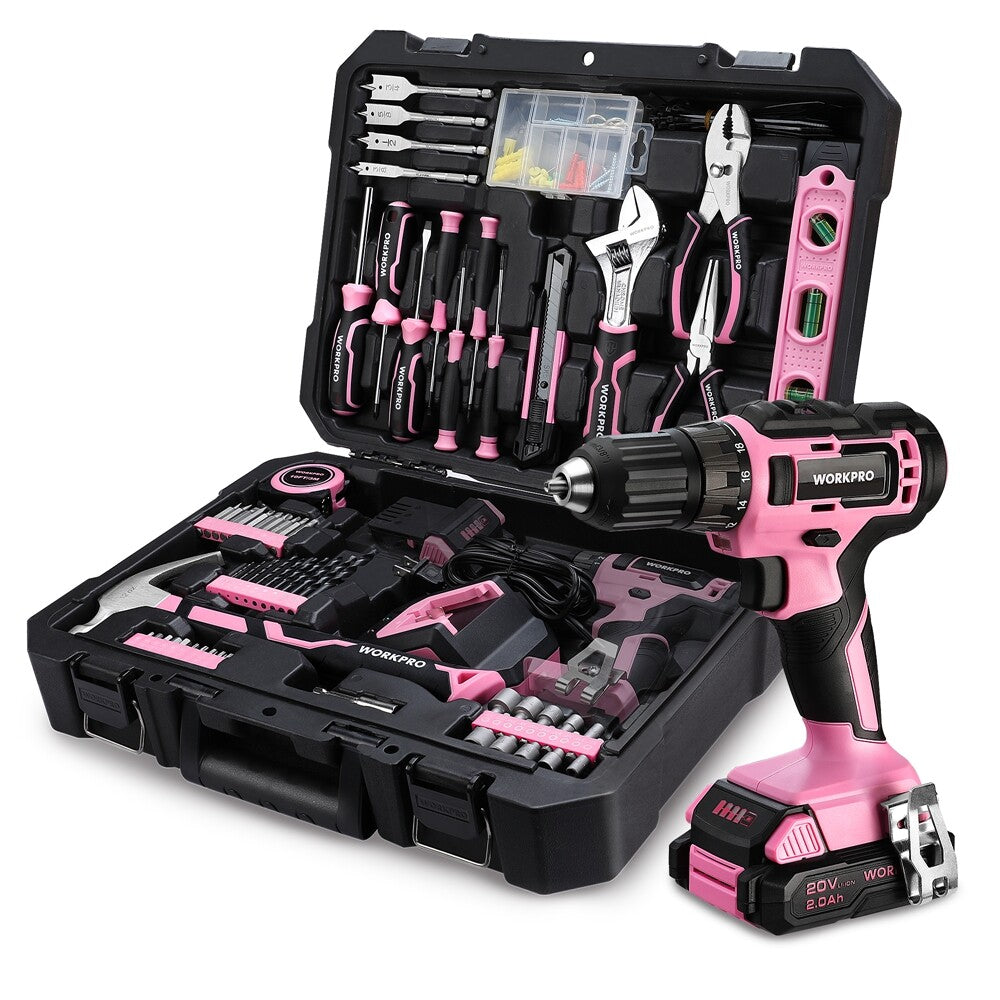 Workpro Usa 20V Pink Cordless Drill Driver Kit 141PC Hand Tool Kit