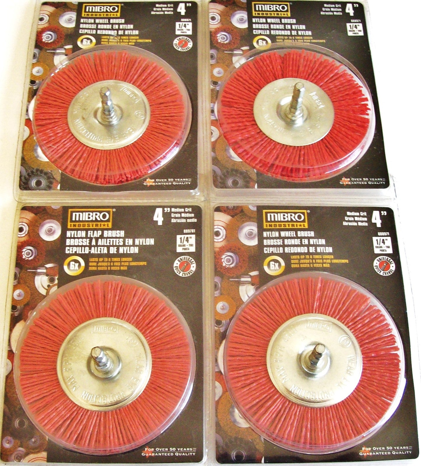 4 MIBRO 4" NYLON FLAP BRUSH WHEEL MEDIUM GRIT 1/4 HEX S