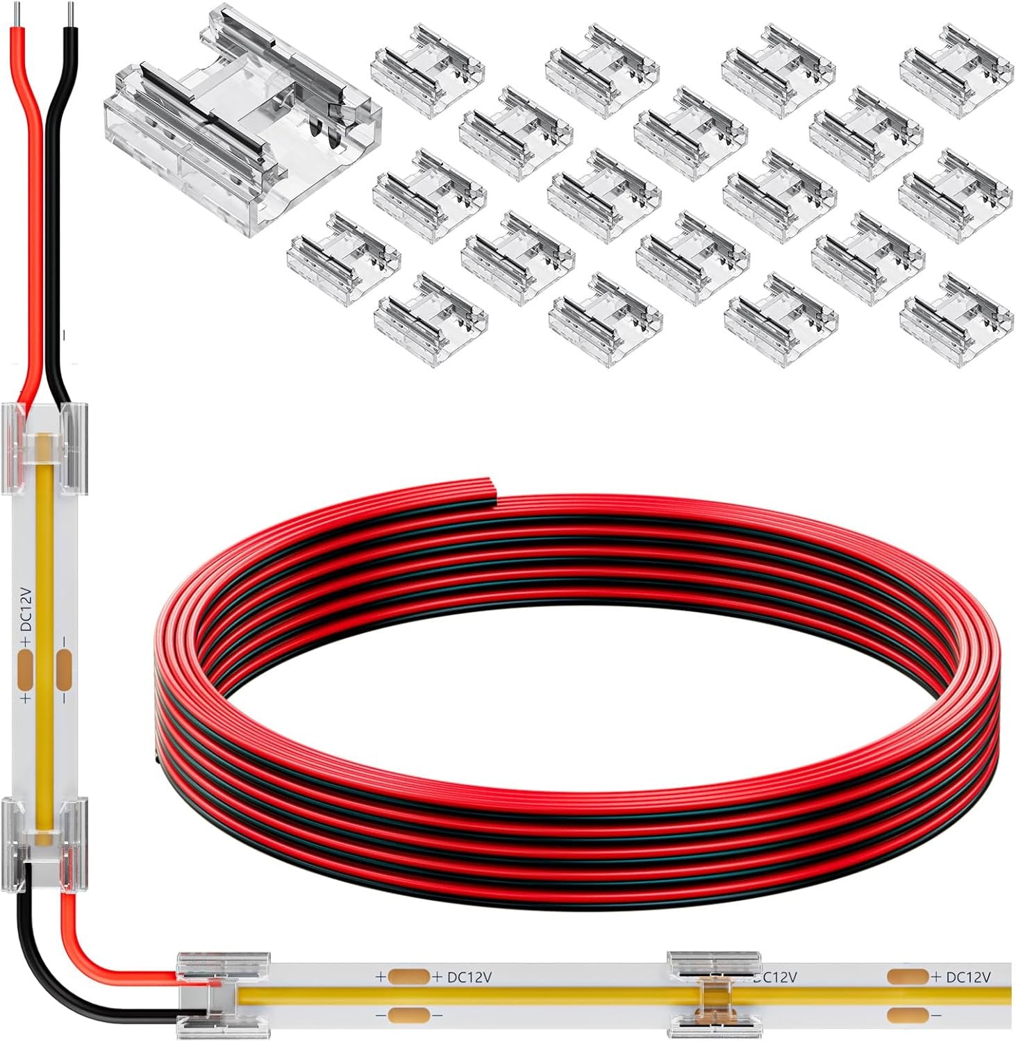 20 Pack Cob 0.31in(8mm) 2 Pin Transparent Connector, 6.6ft(200cm) Long