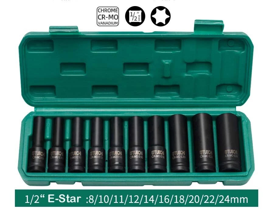 10pc 1/2" Dr Deep Impact E-Star Female Torx Socket E8-10-11-12-14<wbr/>-16-18-20-22-2<wbr/>4