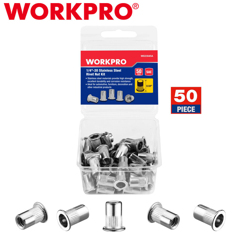 Workpro 50PC Rivet Nuts 1/4"-20 Flat Head Threaded Insert Stainless
