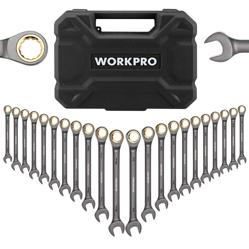 WORKPRO 22PC Ratcheting Wrench Set Combination Wrench Metric 6-18mm&amp;SAE 1/4-3/4"
