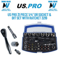US PRO 31 Piece 1/4" Dr Socket & Bit Set With Ratchet