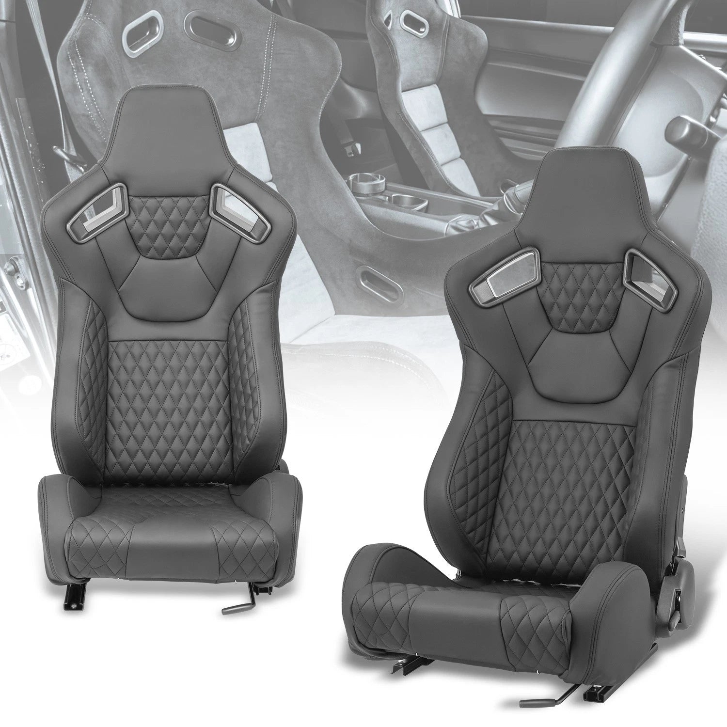 Pair Of Vinyl Leather Black Reclinable Racing Seats | Built Supply Co